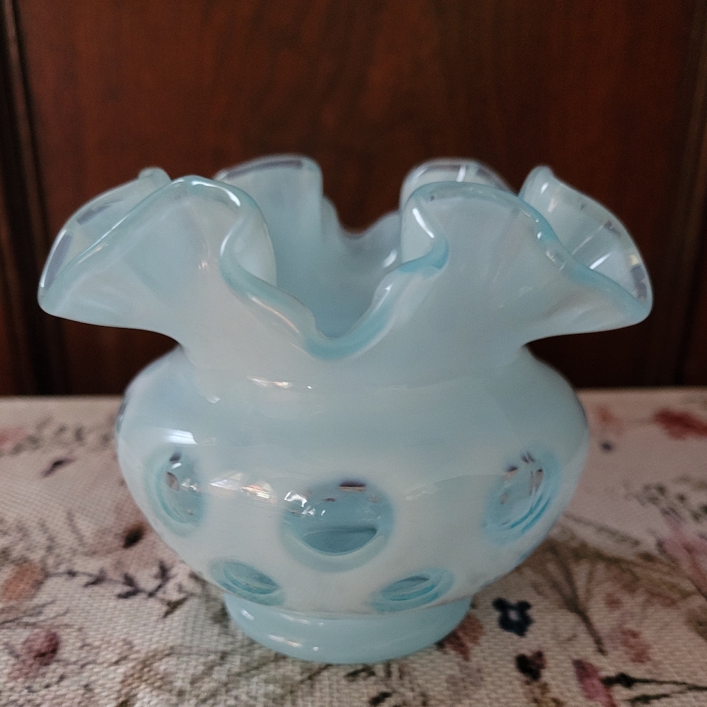Fenton Ruffled Edge Coin Dot Vase Bowl Aqua Blue Opalescent Glass